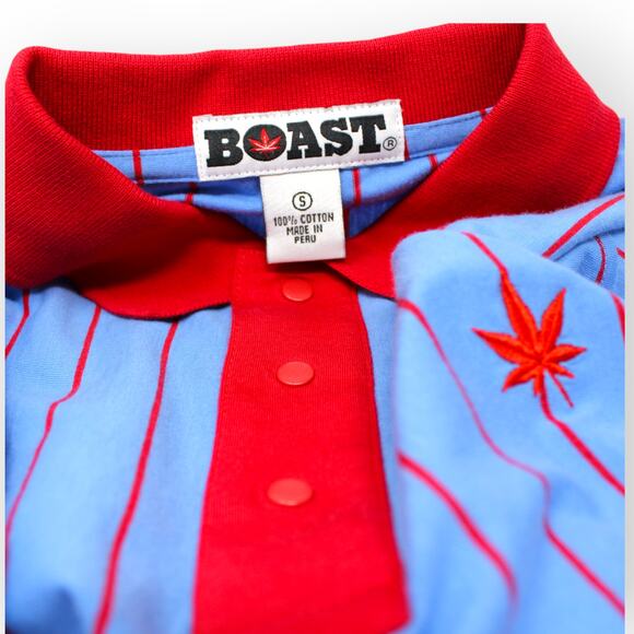 BOAST USA Men Small Vertical Stripe Polo Carolina Blue Red Leaf Logo NWT $95 - Picture 5 of 10